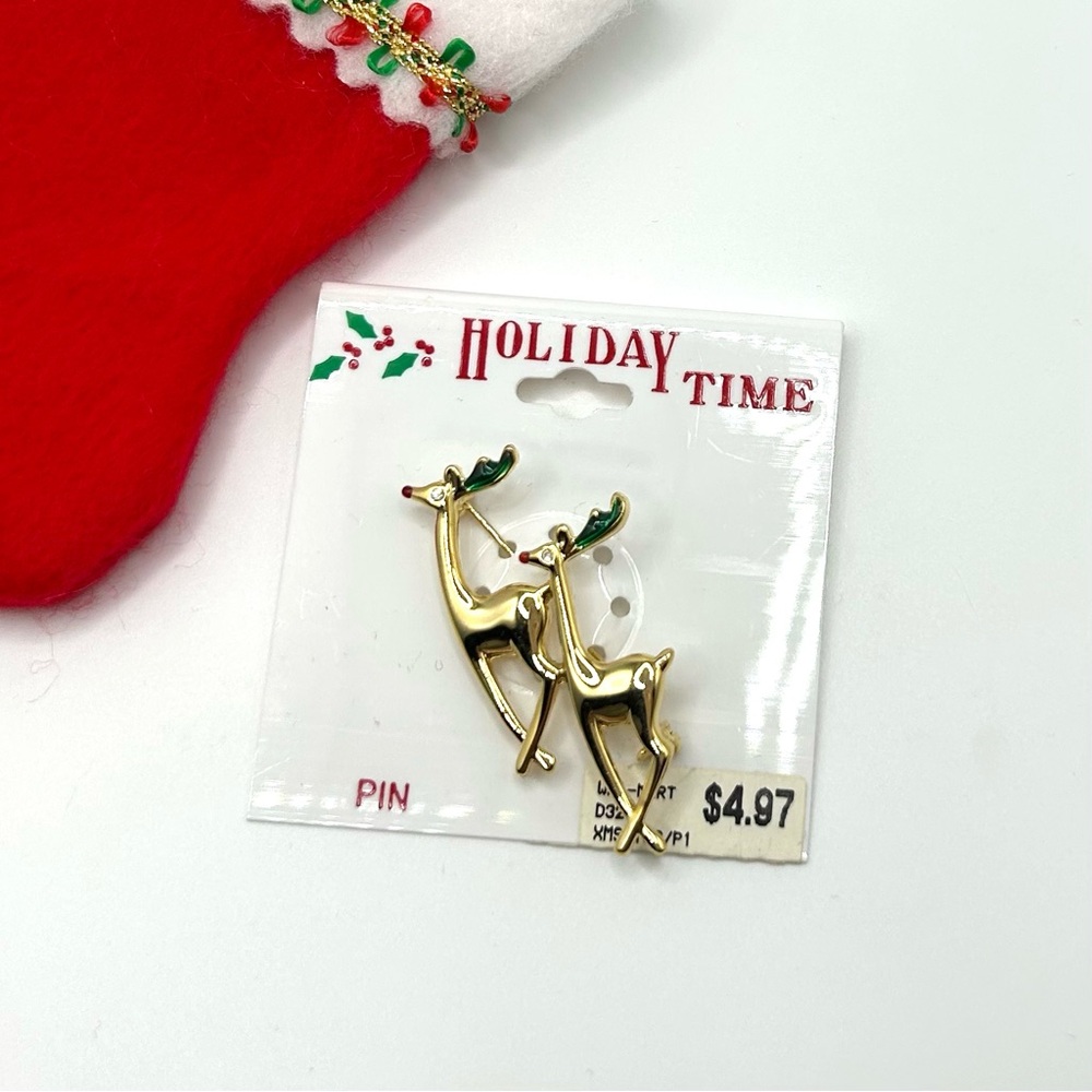 Vintage 90s Holiday Time Festive Gold Reindeer Pin NWT